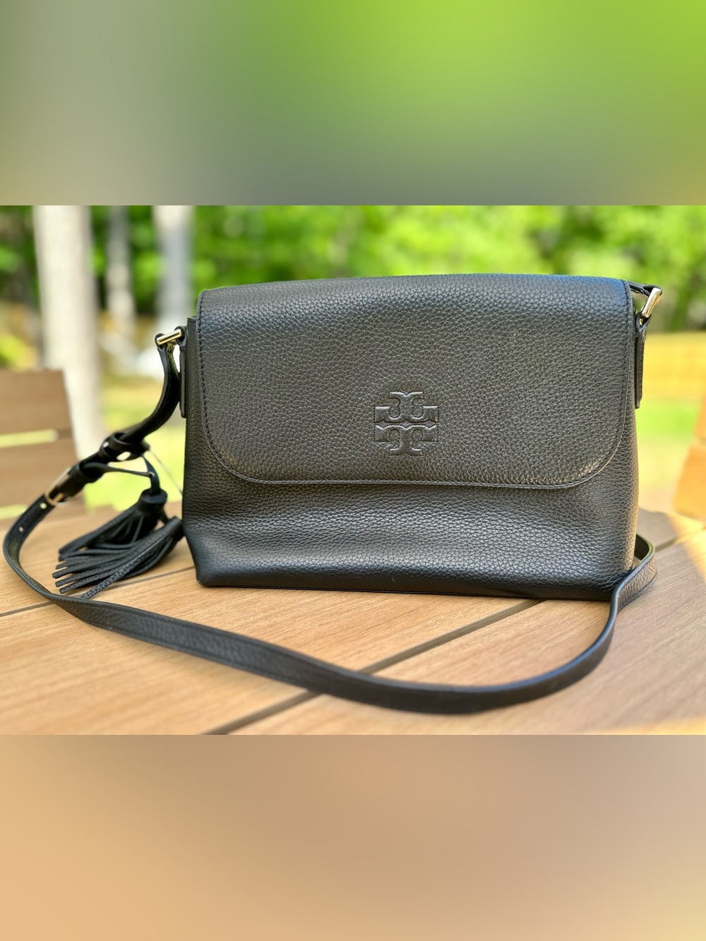 Tory Burch Black Pebbled Leather Crossbody with Logo